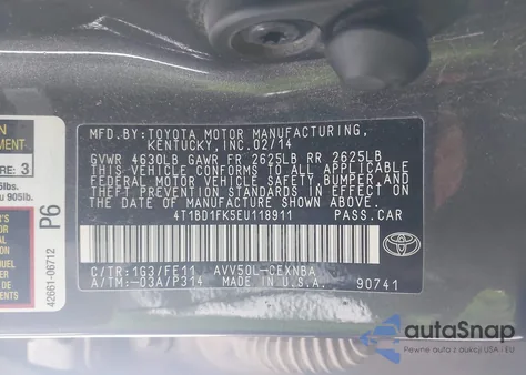 2014 Toyota Camry Hybrid Le from USA, damaged, VIN 4T1BD1FK5EU118911